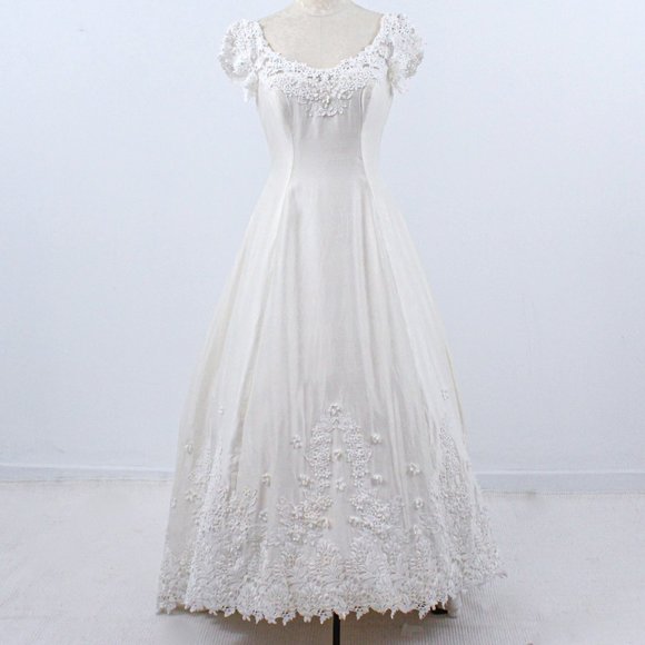 Wedding Dress Vintage 70s 4 6 Floral Lace Princess Gown White Boho Full A-line - Picture 3 of 14